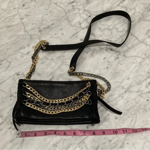 ASH Black Leather Convertible Cross Body Purse Gold Silver Chain - Picture 12 of 14
